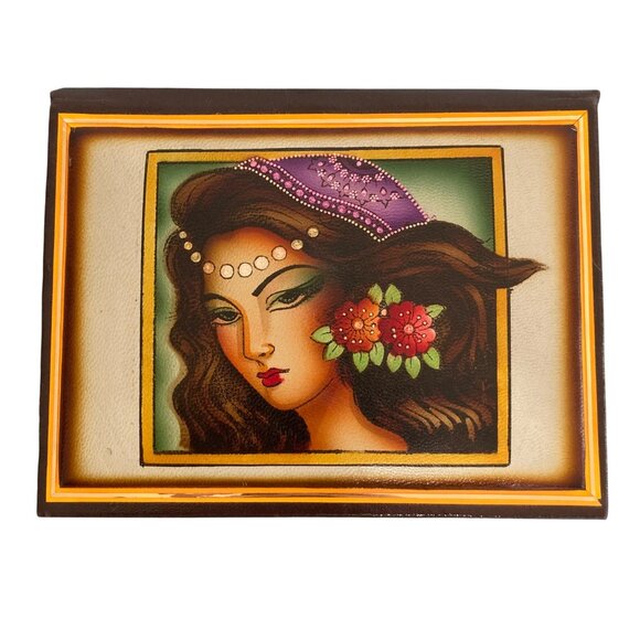 Indian Persian Woman Hand Painted Jewelry Trinket Stash Box With Mirror. - Picture 1 of 8